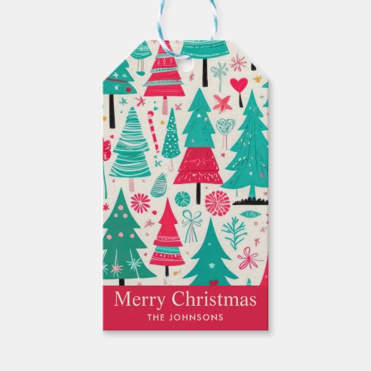 手描きカラフルクリスマスツリーイラストレーション ギフトタグ (正面)
