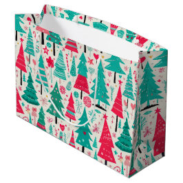 手描きカラフルクリスマスツリーパターン ラージペーパーバッグ