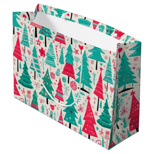 手描きカラフルクリスマスツリーパターン ラージペーパーバッグ