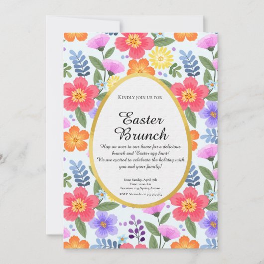 手描きカラフルフローラブルーグレーイースターブランチ 招待状 (正面)