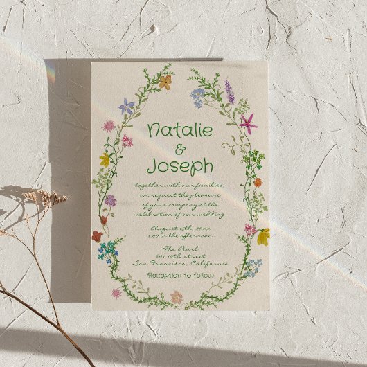 手描きカラフルフローラリース春の結婚式 招待状