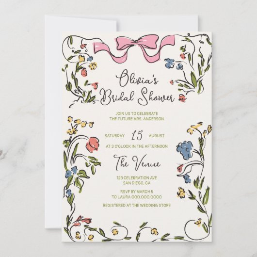 手描きカラフルフローラ枠弓ブライダルシャワー 招待状 (正面)