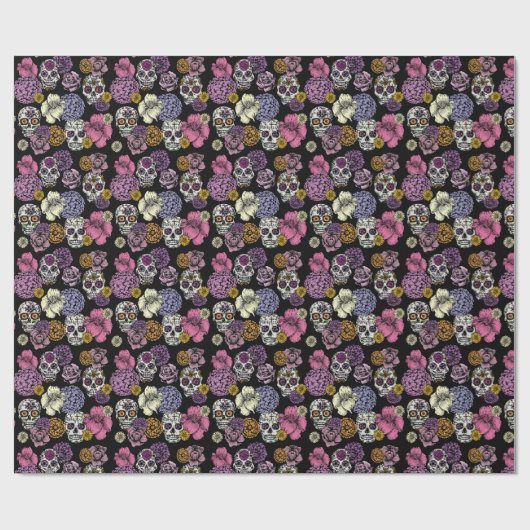 手描きカラフルメキシコの砂糖スカルと花 ラッピングペーパー (フラット)