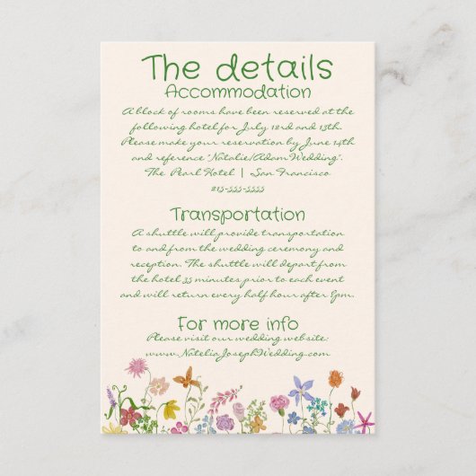 手描きカラフル野花結婚詳細 エンクロージャーカード (正面)