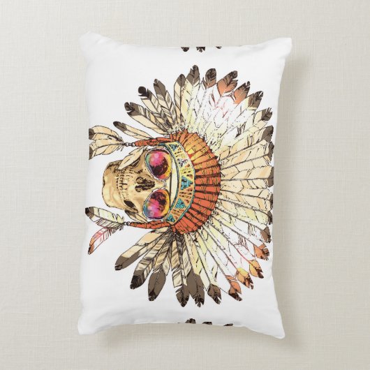 手描きカラー先住民アメリカインディアンヘッド  アクセントクッション (裏面(縦))