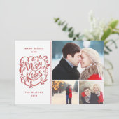 手描きキスメリーレッドグリッターホリデー3フォト シーズンカード (スタンド正面)