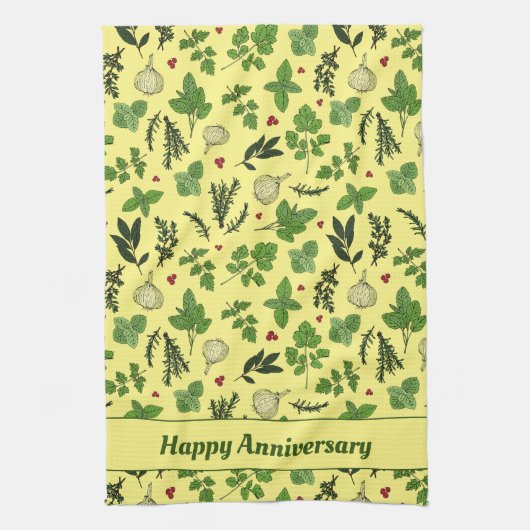 手描きキッチンハーブパターン(の模様が)あるクリーム キッチンタオル (縦)