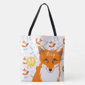 手描きキツネハートイエローブルーコーラルオレンジ トートバッグ (正面)