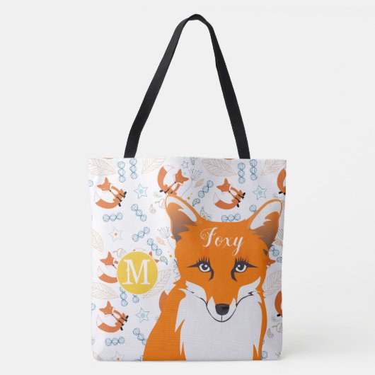 手描きキツネハートイエローブルーコーラルオレンジ トートバッグ (正面)