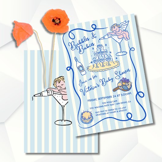 手描きキューピッドシャンパンベビーシャワー 招待状