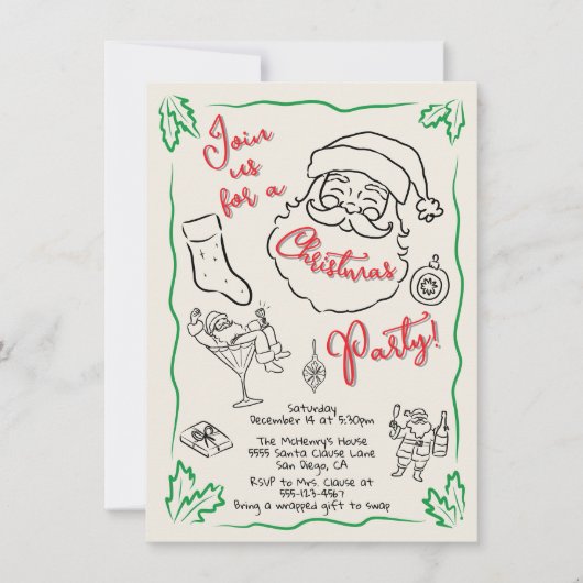 手描きクリスマスカクテルパーティーサンタ 招待状 (正面)