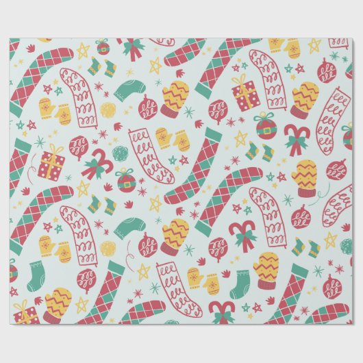 手描きクリスマスソックスかわいいホリデーギフト ラッピングペーパー (フラット)