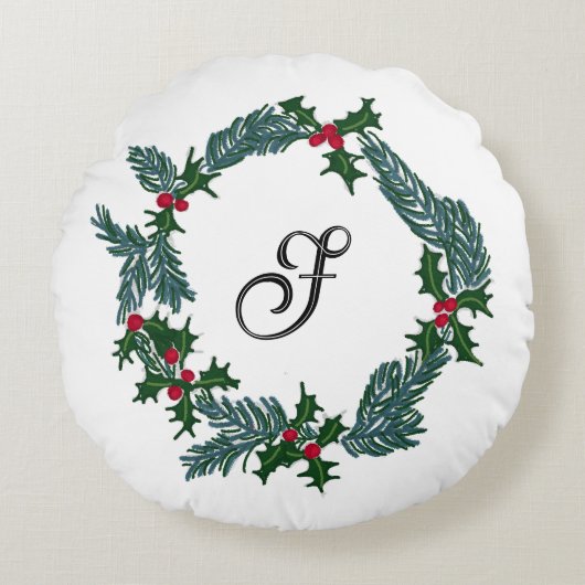 手描きクリスマスリース、カスタマイズ可能なイニシャル ラウンドクッション (正面)