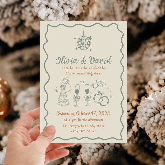 手描きクリームと緑色の波状結婚線 招待状