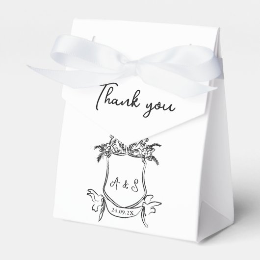 手描きクレスト白黒結婚式の引き出物ボックス フェイバーボックス (正面サイド)