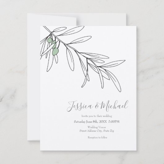 手描きグリーンオリーブ葉 招待状 (正面)