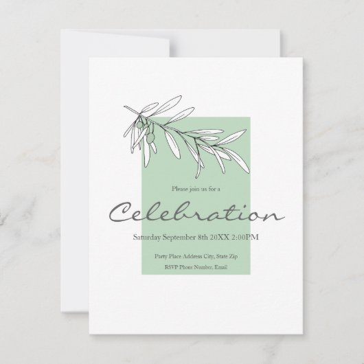 手描きグリーンオリーブ葉 招待状 (正面)