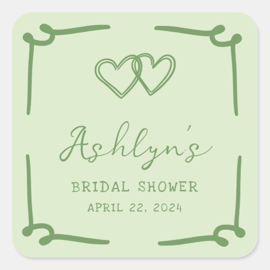 手描きグリーンハート ブライダルシャワーステッカー スクエアシール (正面)