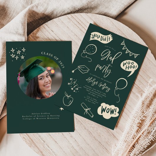 手描きグリーン予測できな卒業パーティの招待状 招待状