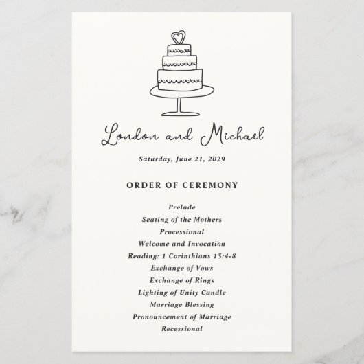 手描きケーキドードルモダン結婚式 プログラム (正面)