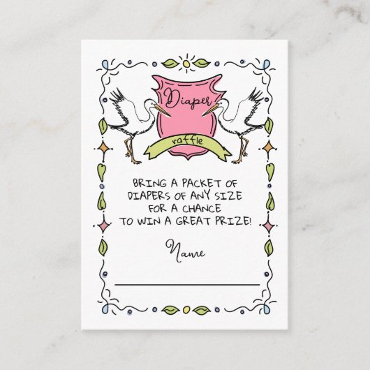 手描きコウノトリおむつラッフルカード エンクロージャーカード (正面)