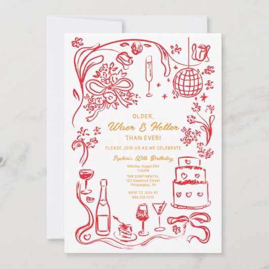 手描きコケッティ ワイザー アンド ホッター バースデー 招待状 (正面)