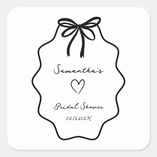 手描きコケティー ボウ ブライダルシャワー スクエアシール (正面)