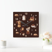 手描きコーヒーポット、豆&カップ スクエア壁時計 (ホーム)