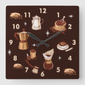 手描きコーヒーポット、豆&カップ スクエア壁時計 (正面)