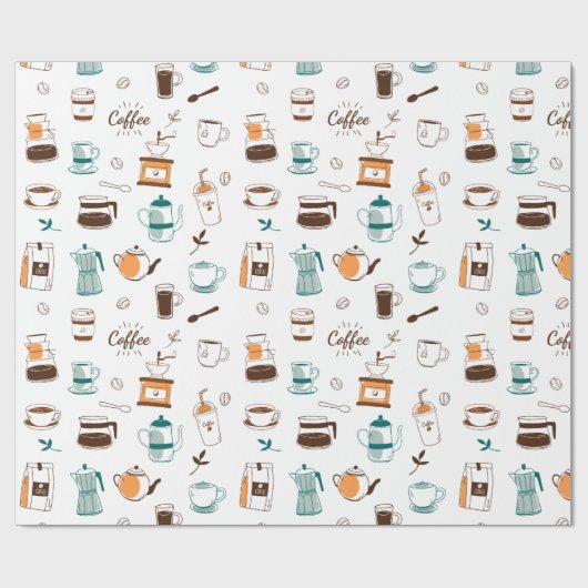 手描きコーヒー及びカフェ模様 ラッピングペーパー (フラット)