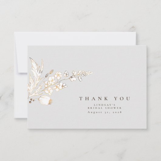 手描きゴールドのワイルドフラワーズ エレガント サンクス サンキューカード (正面)