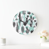 手描きサボテン：シームレスなドードル ラージ壁時計 (ホーム)