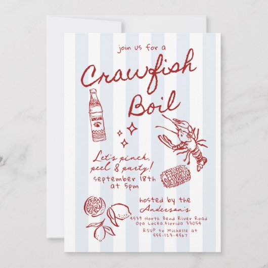 手描きザリガニ魚介類の煮沸パーティー 招待状 (正面)
