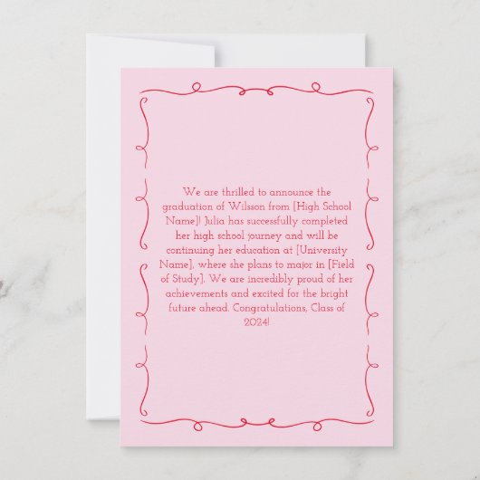 手描きシックなピンク&レッドフォト2024卒業 案内状 (裏面)