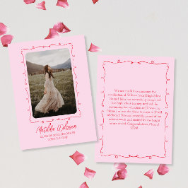 手描きシックなピンク&レッドフォト2024卒業 案内状