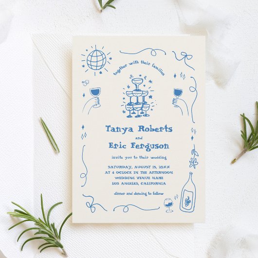 手描きシャンパンカクテルお洒落ズ結婚 招待状