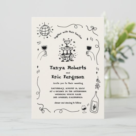 手描きシャンパンカクテルお洒落ズ結婚 招待状 (スタンド正面)