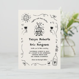 手描きシャンパンカクテルお洒落ズ結婚 招待状