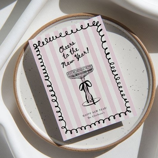 手描きシャンパングラスリボン新年カード 招待状