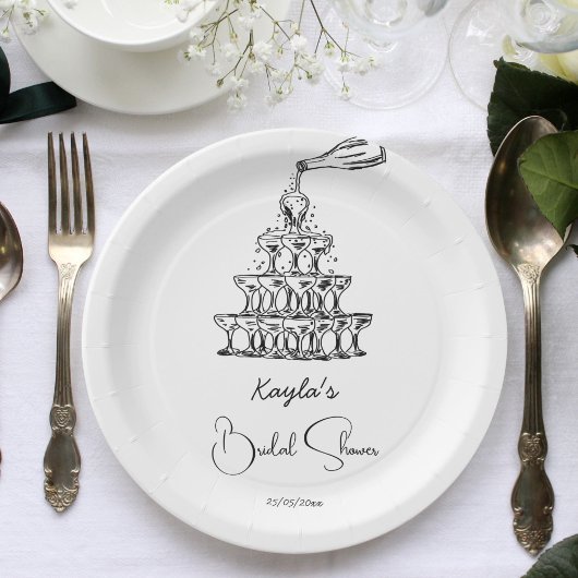 手描きシャンパンタワーミニマルブライダルシャワー ペーパープレート