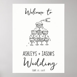 手描きシャンパンタワー歓迎結婚のサイン ポスター
