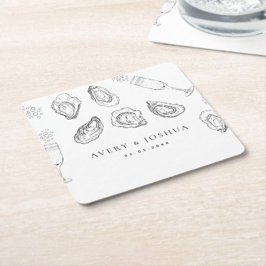 手描きシャンパン&カキスターローストウェディングパーティー スクエアペーパーコースター (アングル)