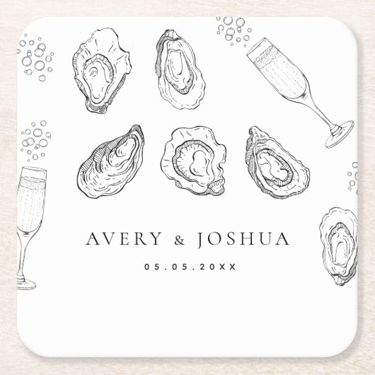 手描きシャンパン&カキスターローストウェディングパーティー スクエアペーパーコースター (正面)