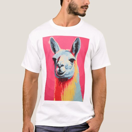 手描きシルクスクリーンのラマの顔の色 Tシャツ (正面)