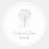 手描きシンプルの花と弓のお洒落結婚の ラウンドシール (正面)