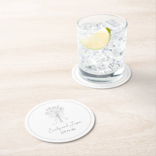 手描きシンプルの花と弓のお洒落結婚の ラウンドペーパーコースター (インサイチュ)