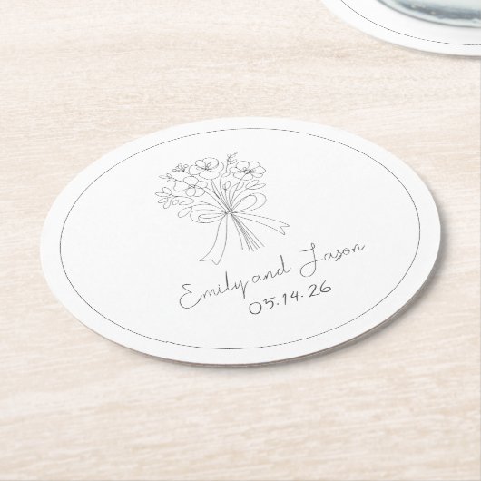 手描きシンプルの花と弓のお洒落結婚の ラウンドペーパーコースター (アングル)