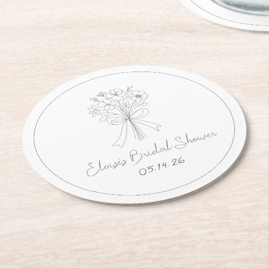 手描きシンプルの花と弓ブライダルシャワー ラウンドペーパーコースター (アングル)