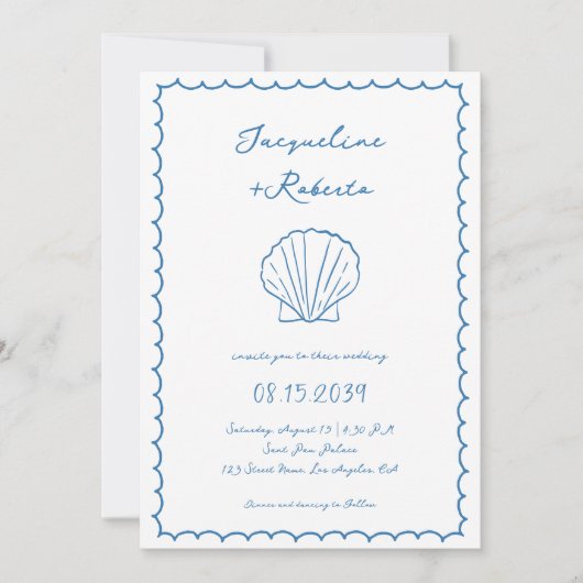 手描きシーシェルお洒落おもしろいヴィンテージ結婚式 招待状 (正面)