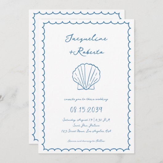 手描きシーシェルお洒落おもしろいヴィンテージ結婚式 招待状 (正面/裏面)